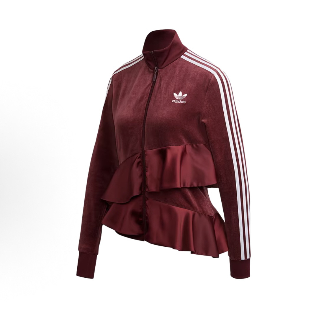 adidas 三叶草印花拉链长袖运动女装 绒感外套 女款 酒红色FT9884