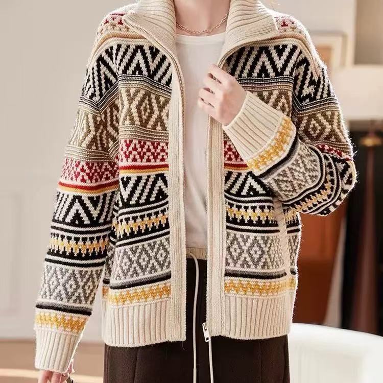 VISHALL轻奢费尔岛提花条纹氛围感慵懒冬季时尚拉链开衫针织撞色