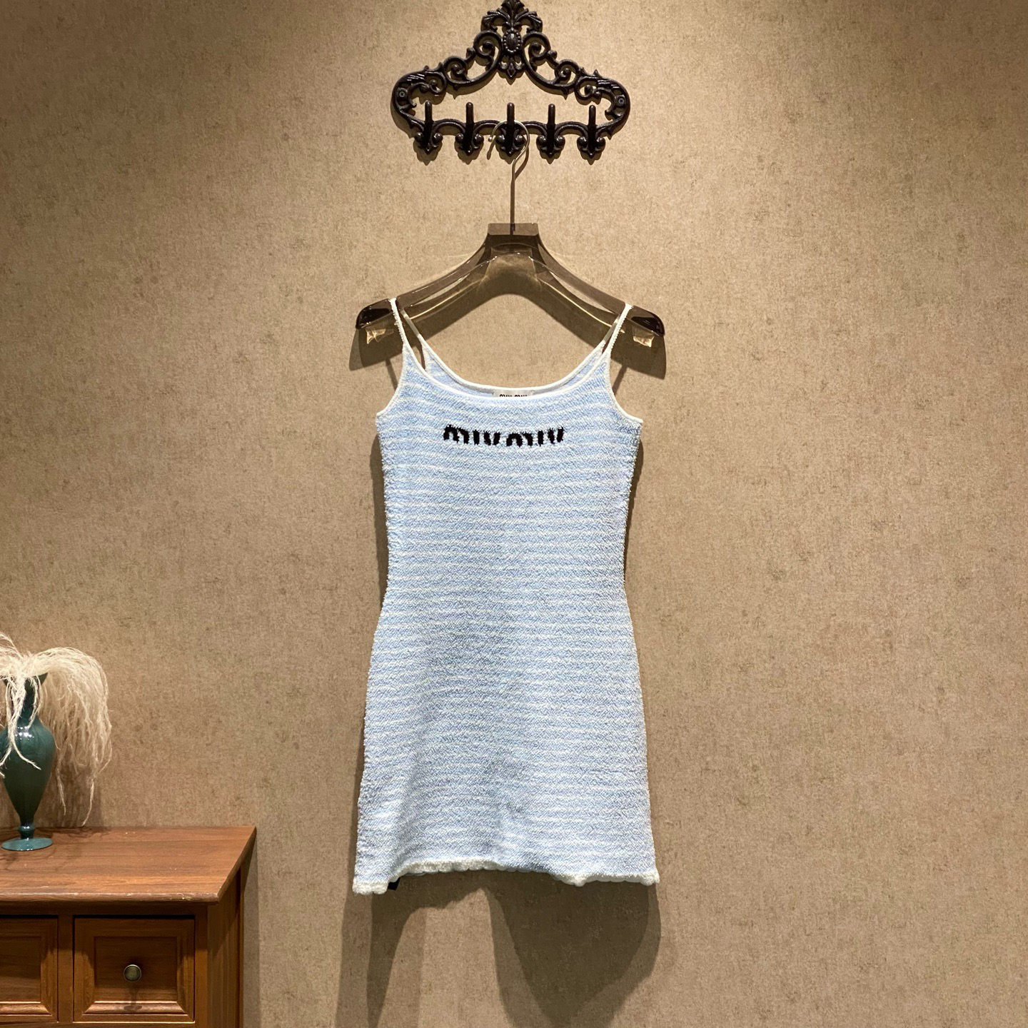 99新 MIU MIU/缪缪 蓝白条纹字母logo针织连衣裙/40码/41933