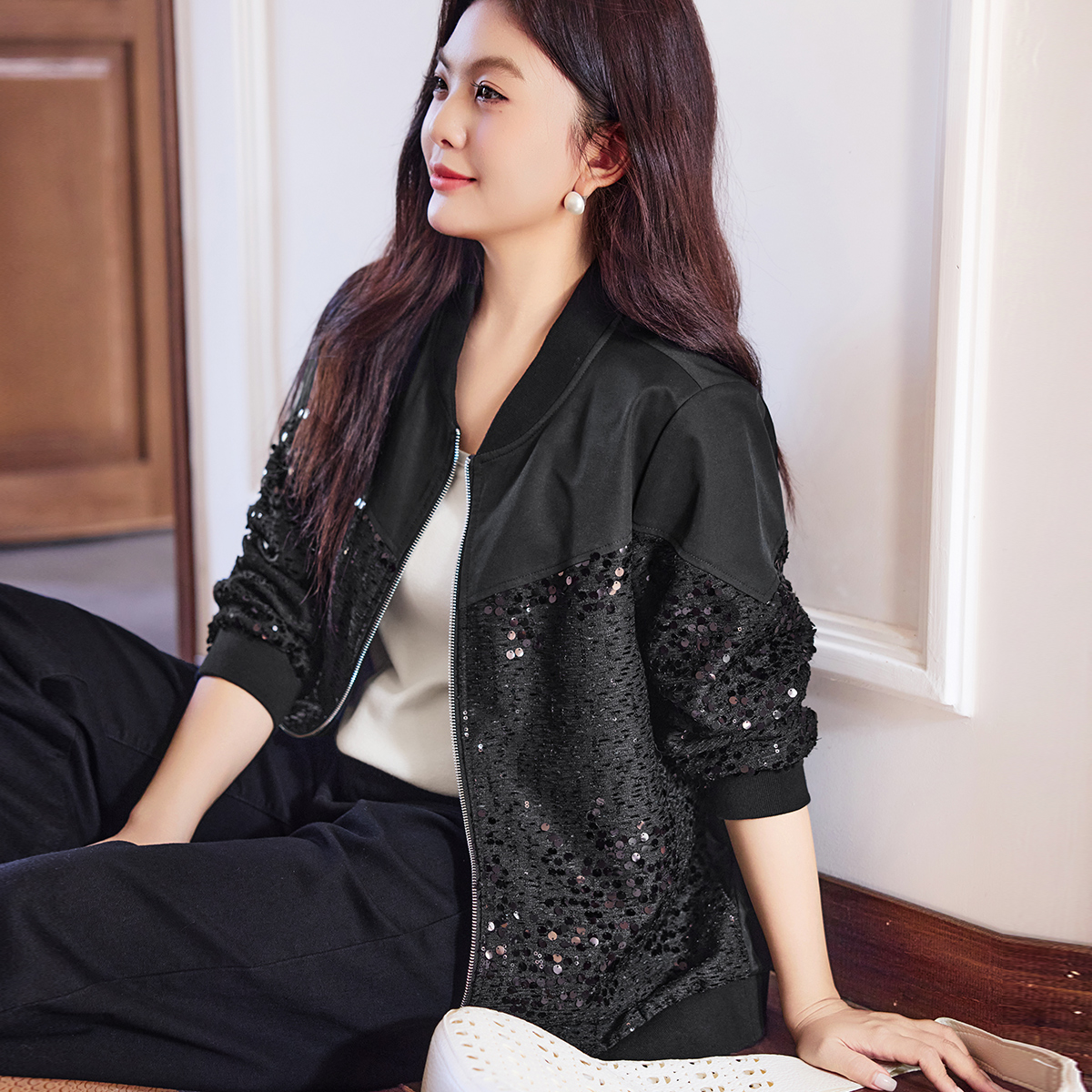 【亮片拼接棒球服】MsShe大码女装2025秋装设计感外套女X~E2508037