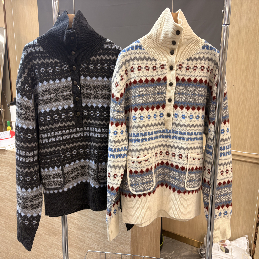 韩系时尚休闲慵懒条纹撞色半扣全羊毛保暖发热