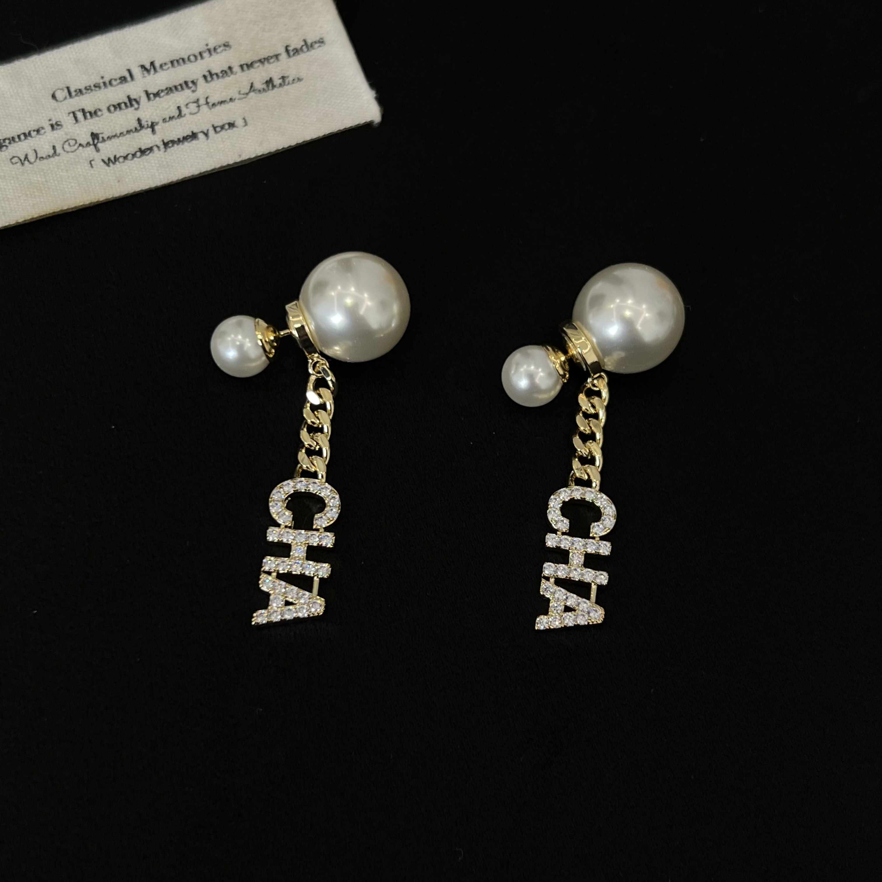 铜合金耳饰 法式轻奢字母锆石珠珠耳环4178