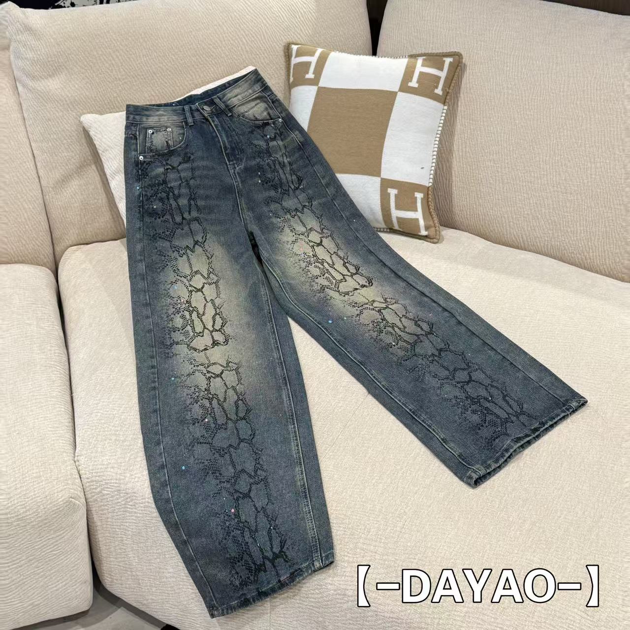 DYA103【封神牛仔】美式复古蛇纹做旧彩绘阔腿拖地裤子