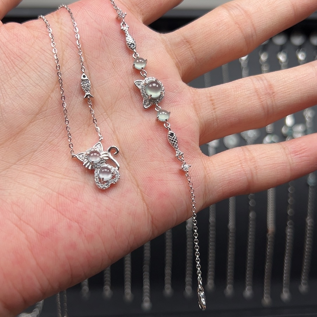 猫***)翡翠银S925镶嵌手链2件