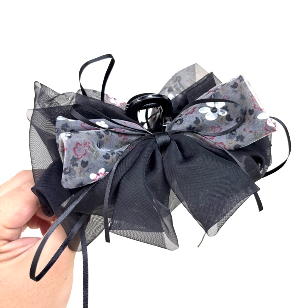 L129又字13cm大版韩版碎花黑色蝴蝶结气质飘带抓夹优雅鲨鱼夹网纱