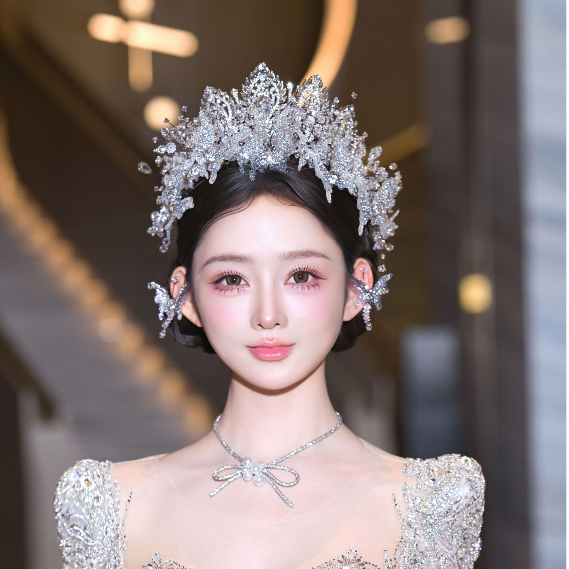 合金仿水晶婚庆饰品 00983新娘仙气手工重工水晶立体蝴蝶头饰套装