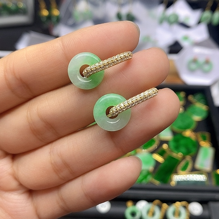 翡翠耳饰银S925镀金镶嵌天然翡翠