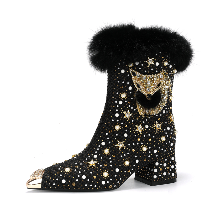 手工制作毛球狐狸头女短靴秋冬新款时尚百搭加绒粗跟女靴