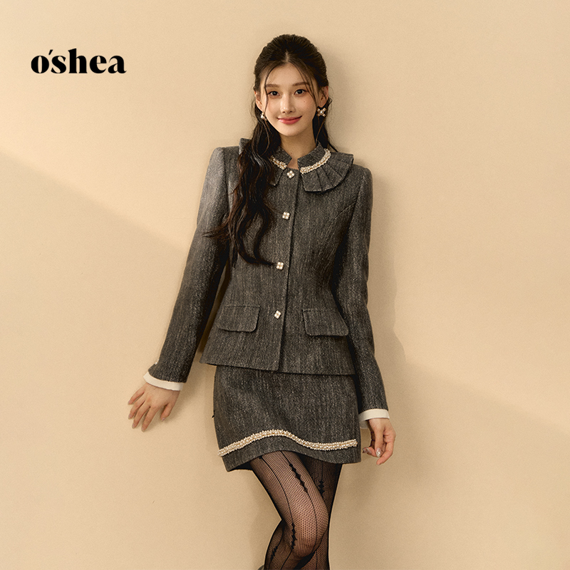 oshea【官方专享】法式复古千金风羊毛短外套女2025钉珠时尚套装