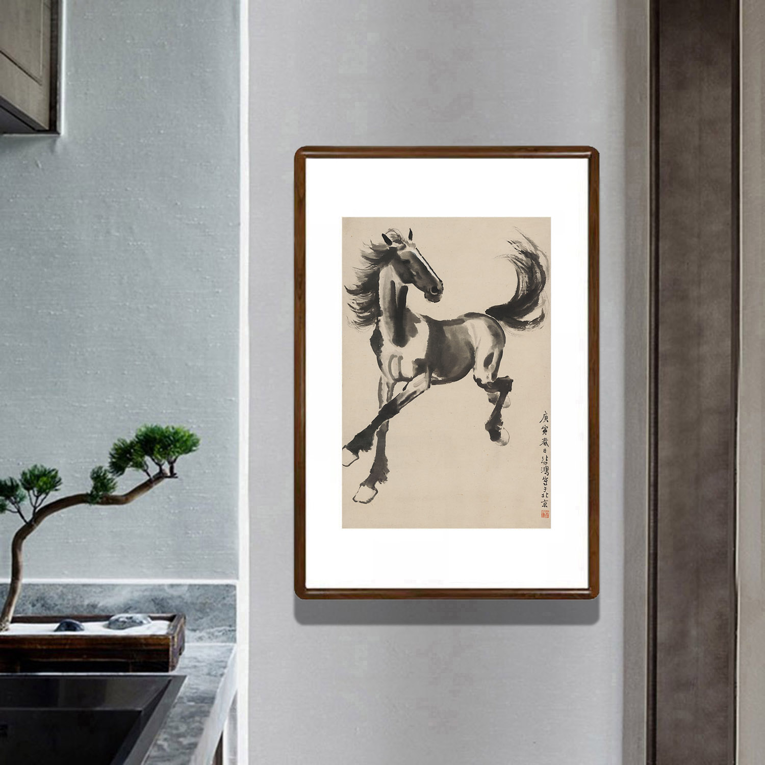 国画水墨画奔马图已装裱带框字画新中式装饰画客厅办公室玄关挂画