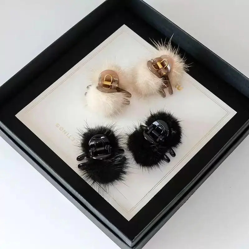 秋冬新款水貂毛发夹少女风公主头毛毛夹子网红毛球简约迷你小抓a