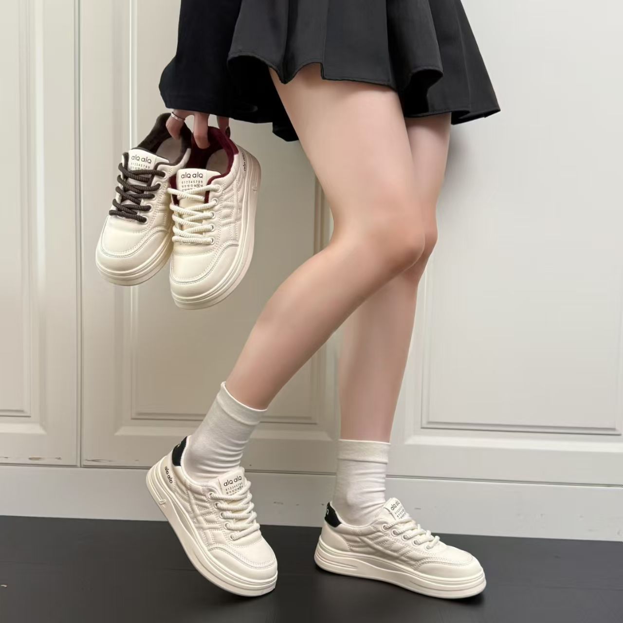 新款时尚百搭舒适加绒小白鞋系带休闲鞋板鞋F509-1厚底