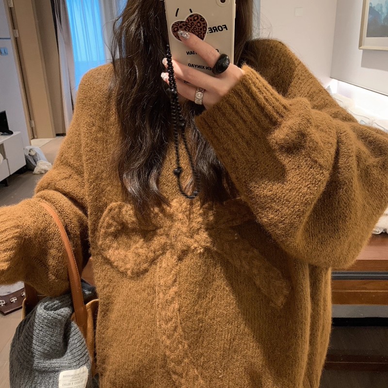 韩版甜美蕾丝花边蝴蝶结拼接毛衣女秋冬新款别致设计感针织衫上衣