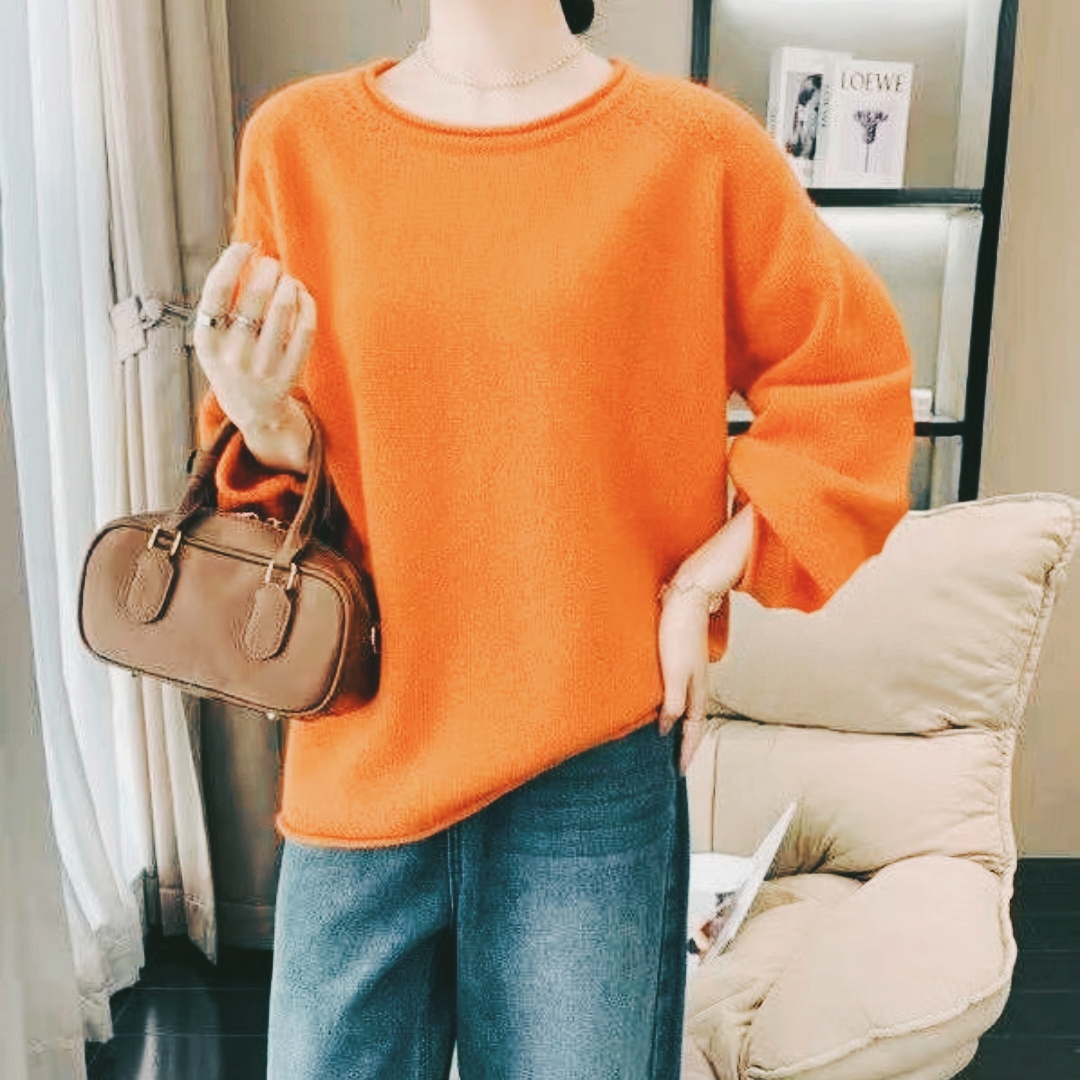 100%纯羊毛   圆领卷边加厚  宽松慵懒韩系风格秋冬新款 时尚百搭