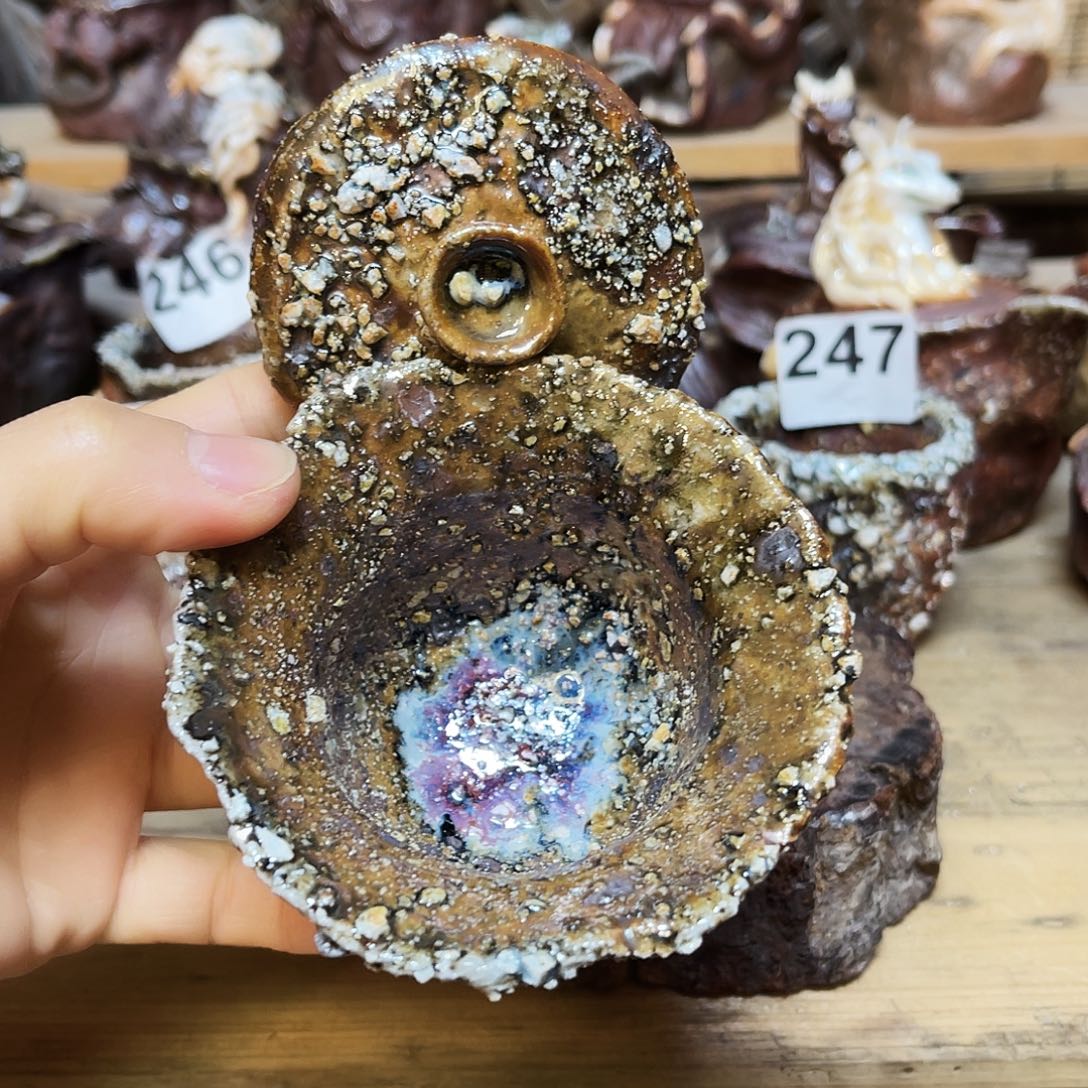 杯柴烧石头手捏盖碗