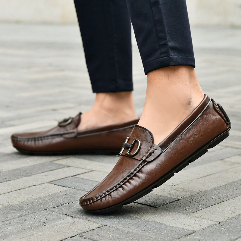 新款豆豆鞋男洋气棕色商务一脚蹬懒人鞋软皮软底休闲百搭夏季男鞋
