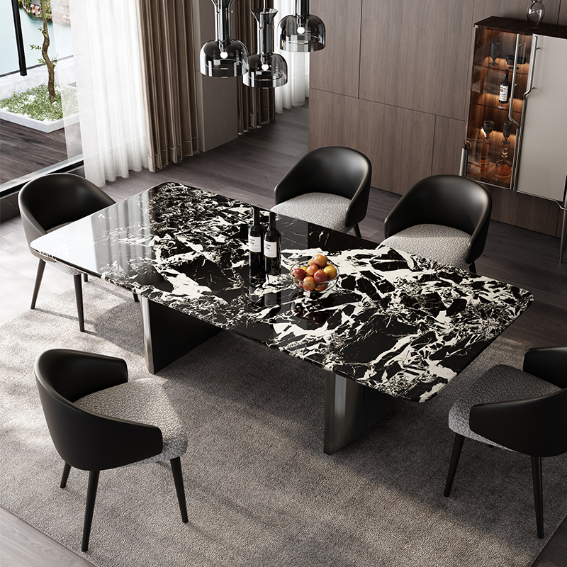 进口奢石宝格丽黑长方形餐桌高端别墅天然大理石餐桌