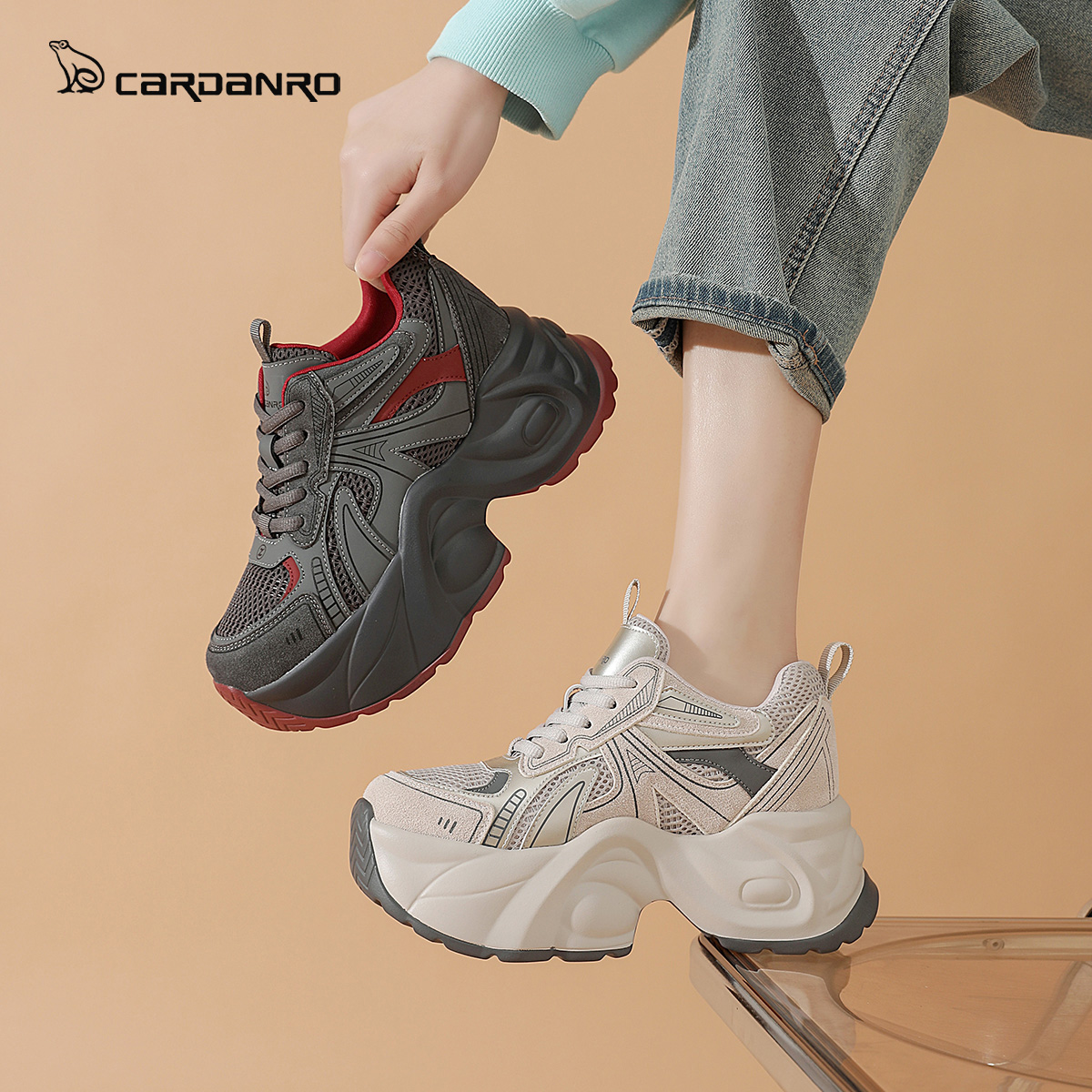 意大利卡丹路百搭潮流增高老爹鞋女2024秋冬季皮面休闲运动鞋女生