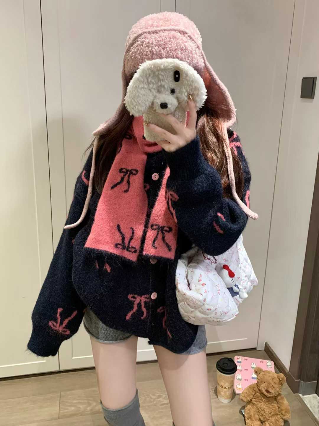 韩系甜美减龄蝴蝶结毛衣开衫女秋季2025新款时尚宽松围巾针织上衣