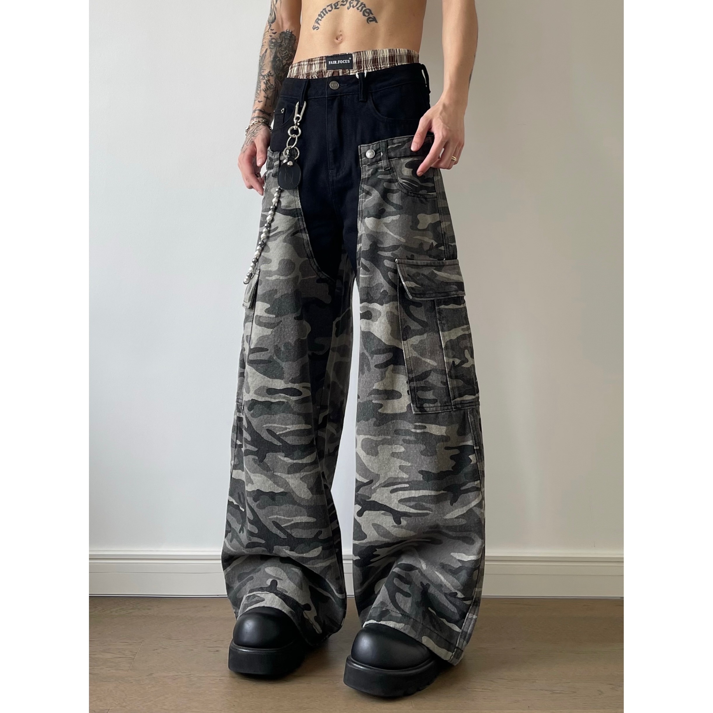 DAYAOBUTAIG小众设计感拼接迷彩多口袋工装裤牛仔裤男女休闲痞帅