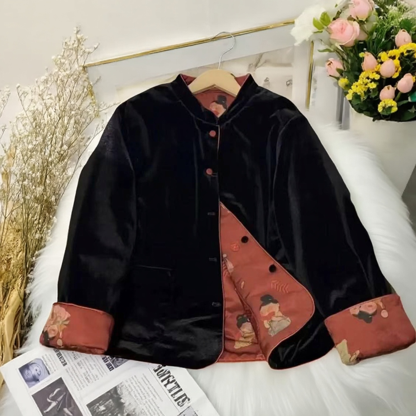 小唐人新中式双面穿丝绒棉服女冬季立扣高端棉袄国风加棉外套683