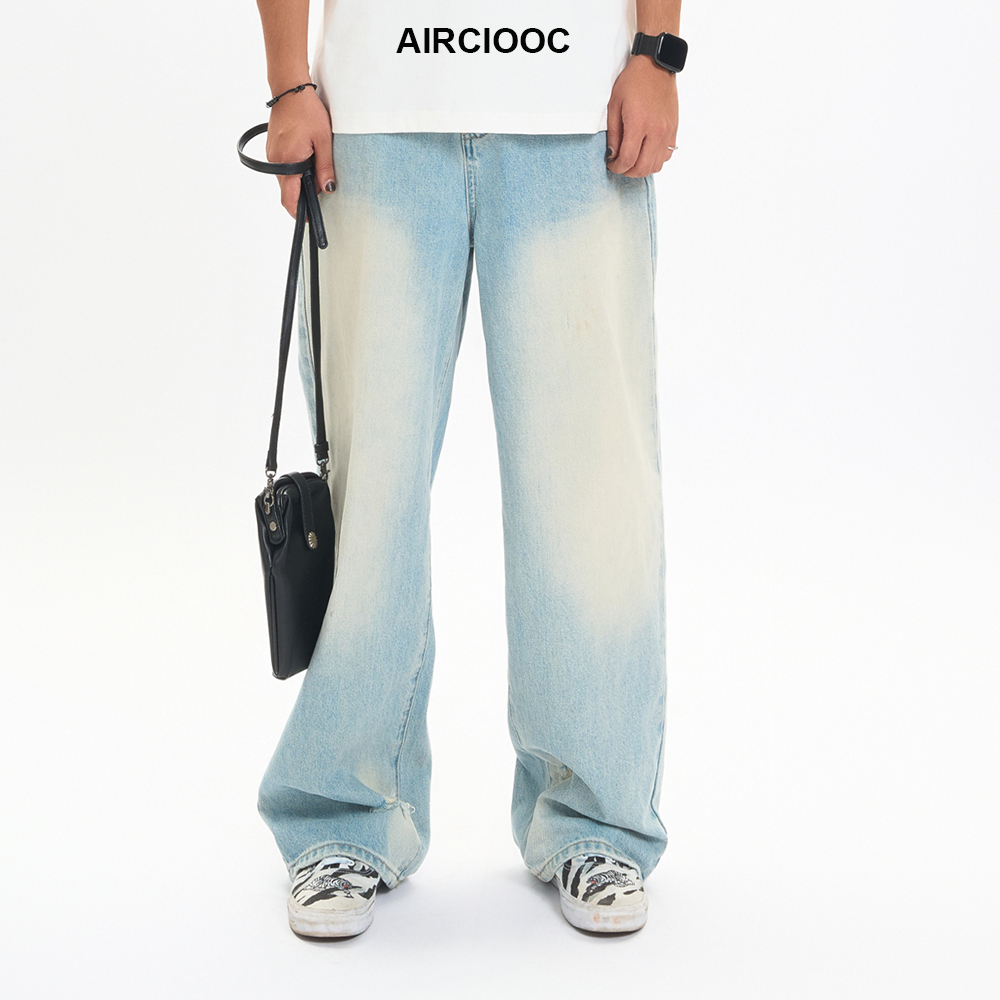 AIRCIOOCbaggy水洗冰蓝色宽松直筒微喇牛仔裤cleanfit垂感长裤