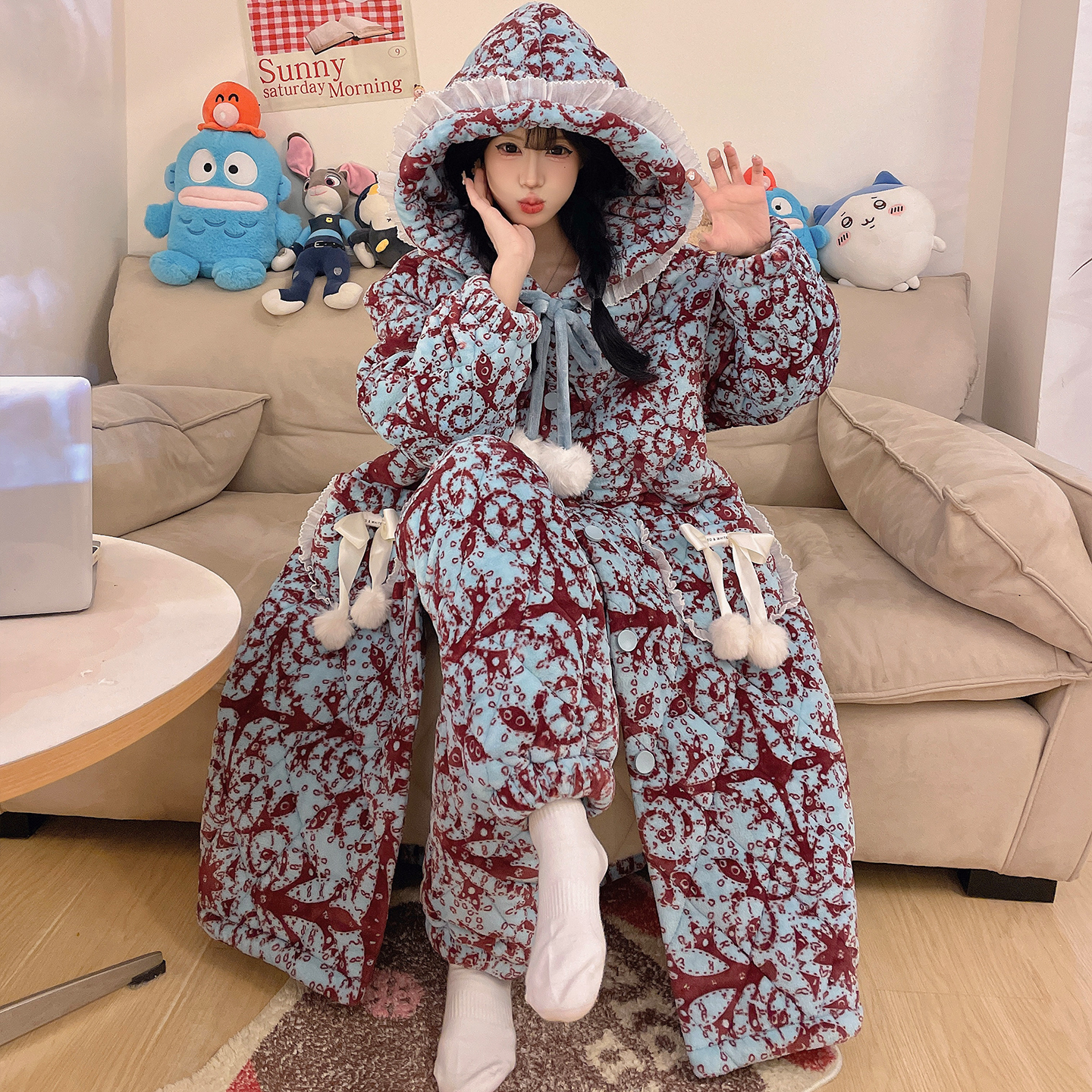 三层夹棉加厚加绒睡袍可外穿冬季睡衣女士时尚珊瑚绒家居服 9037