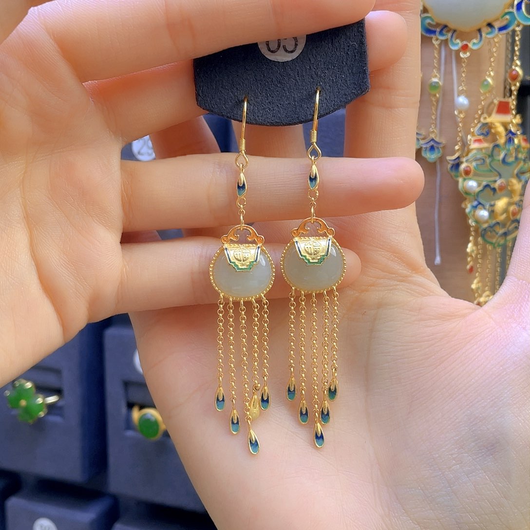 和田玉耳饰银S925镀金镶嵌