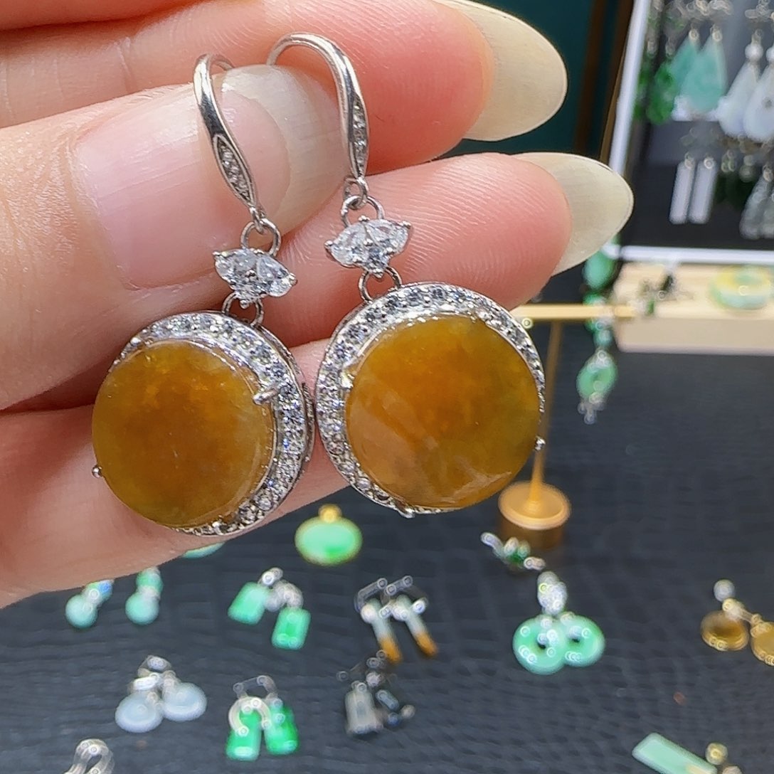 翡翠银S925镶嵌耳饰?**?天然缅甸a货翡翠