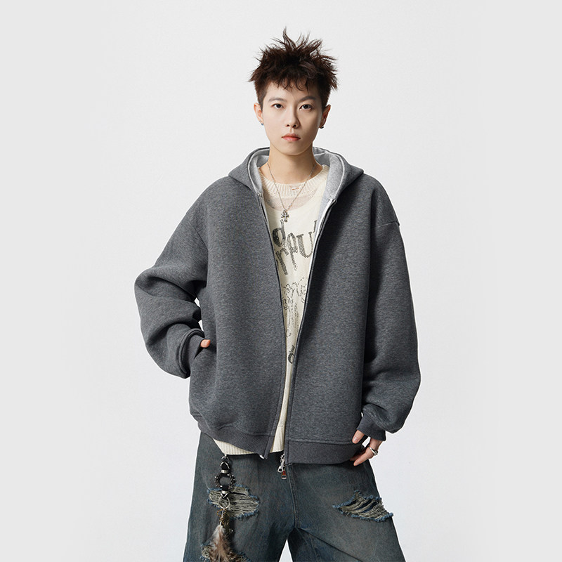 美式重磅撞色拼接双色连帽开衫卫衣男女款秋季韩系慵懒松弛感外套