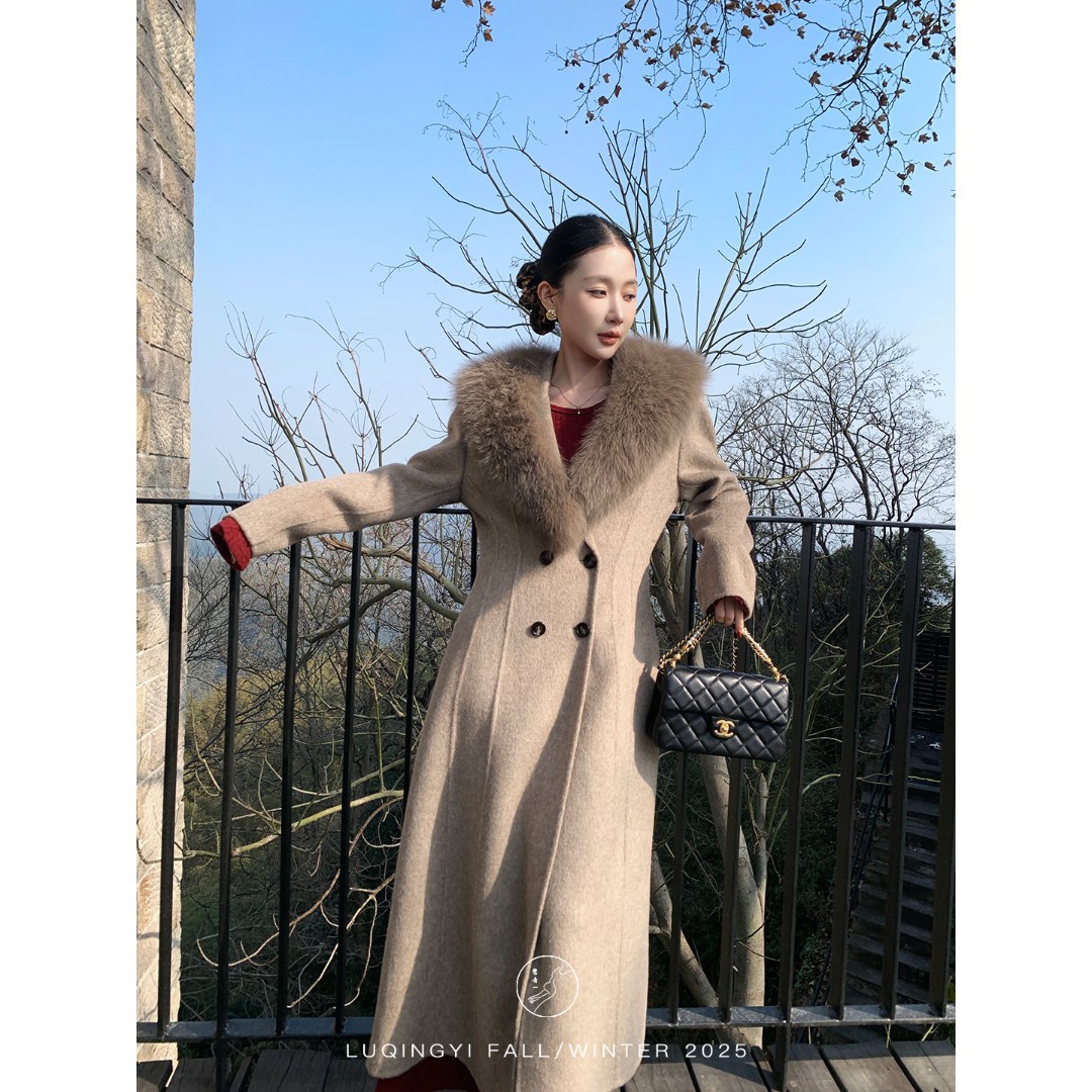 鹭青一原创【存意 】900g羊毛狐狸毛收腰双面呢大衣L25D1144L