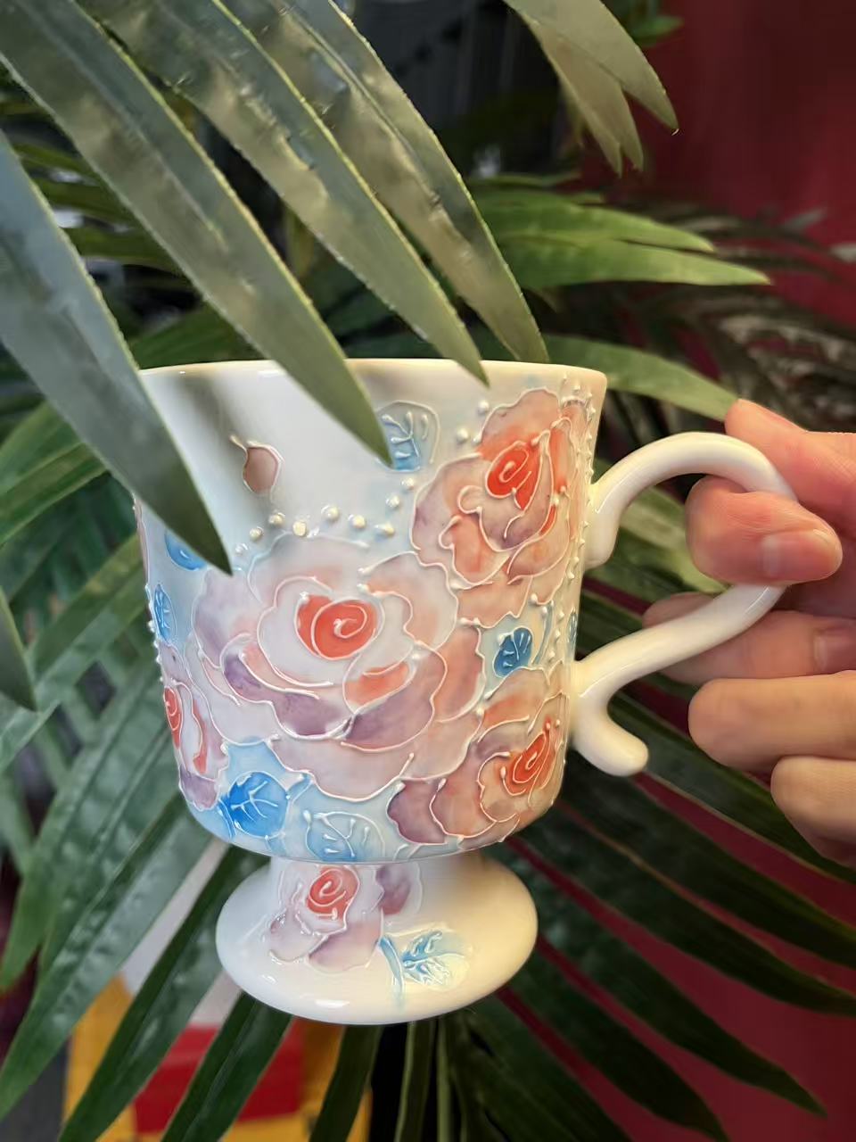 DIY创意手工陶瓷浮雕花卉高脚马克杯水杯大容量