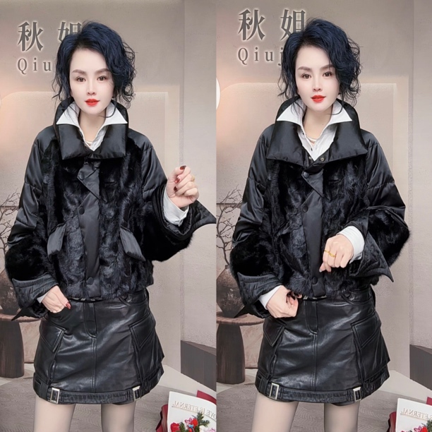 秋姐穿搭-#604新款时尚百搭真丝拼水貂鹅绒短外套