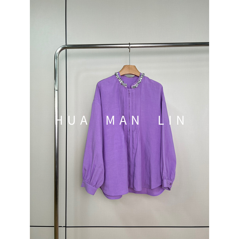 【花满林】小立领袖口钉珠前片打条定制亚麻长袖上衣258033