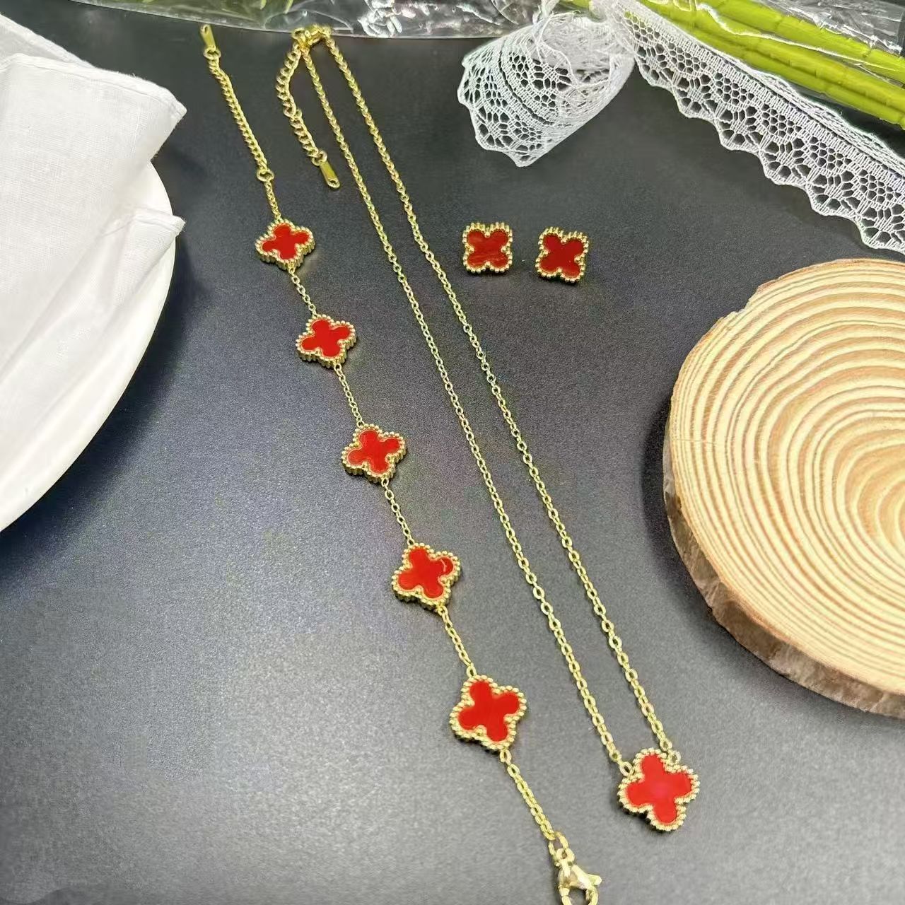 铜合金手链 双面18五花高级四叶草手链玫瑰双层新款饰品简约小众