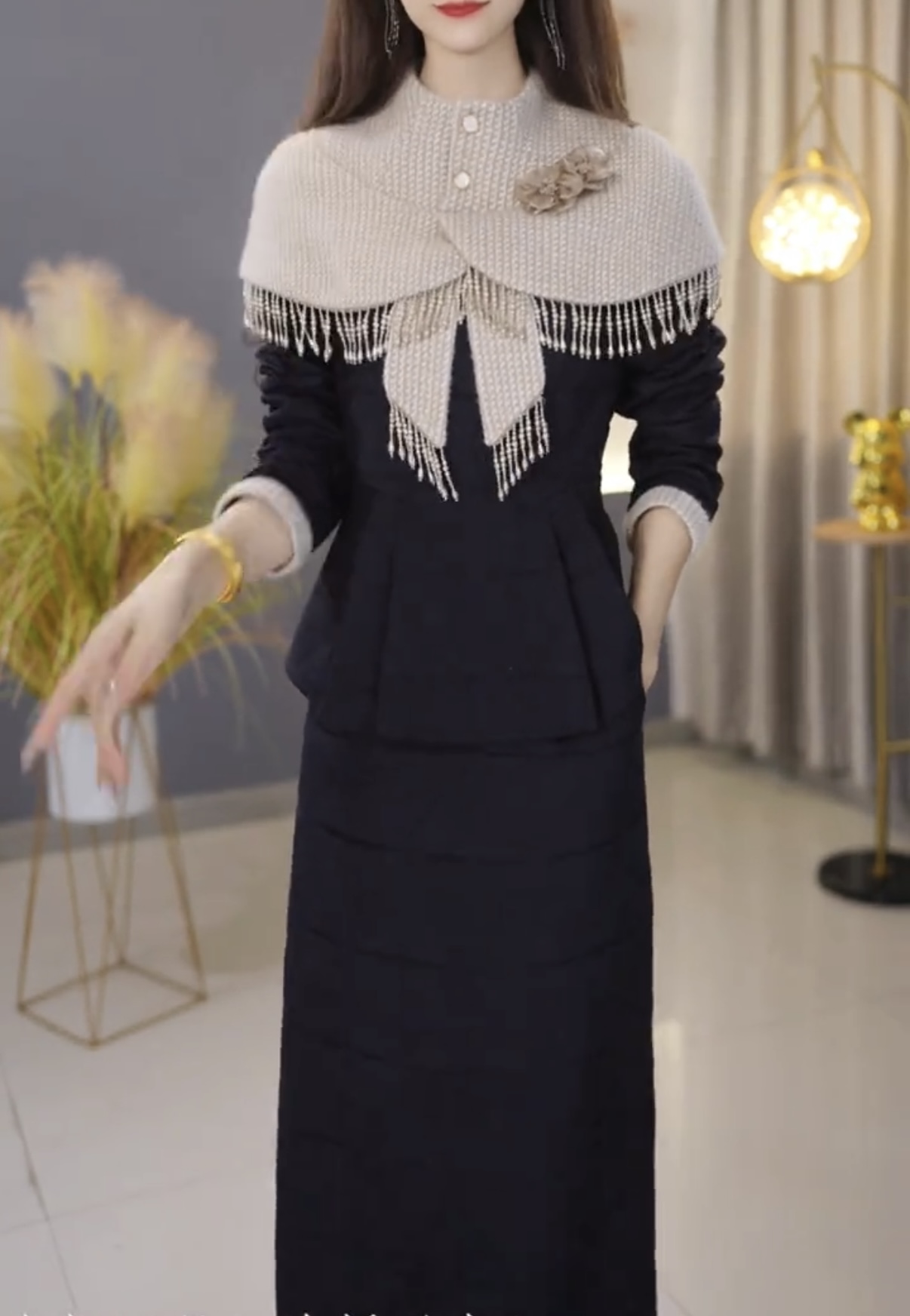【冬季新品】C1296时尚高端中长保暖棉服棉衣修身显瘦冬季套装