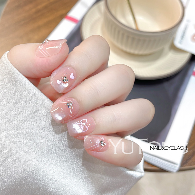 【蜜桃爱心】纯手工穿戴美甲穿戴甲甜美显白猫眼夏日DIY指甲贴