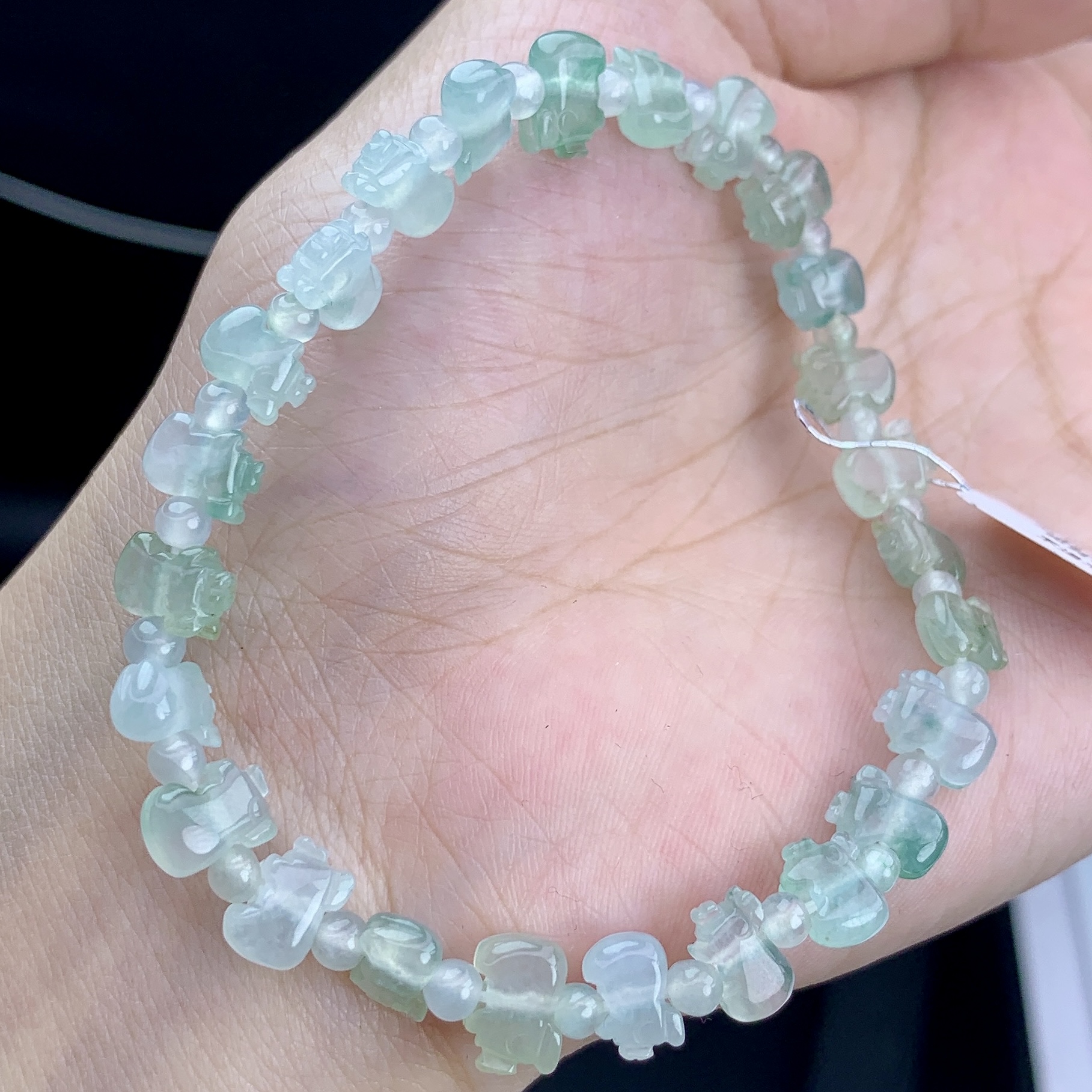 缅甸A货翡翠白冰飘花蓝色猪猪手链雕工手串T卡3.7-7mm