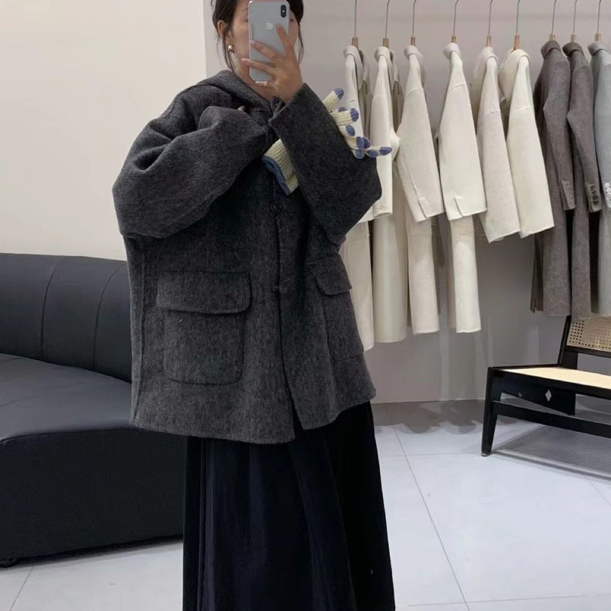 韩版休闲羊绒大衣帽子款