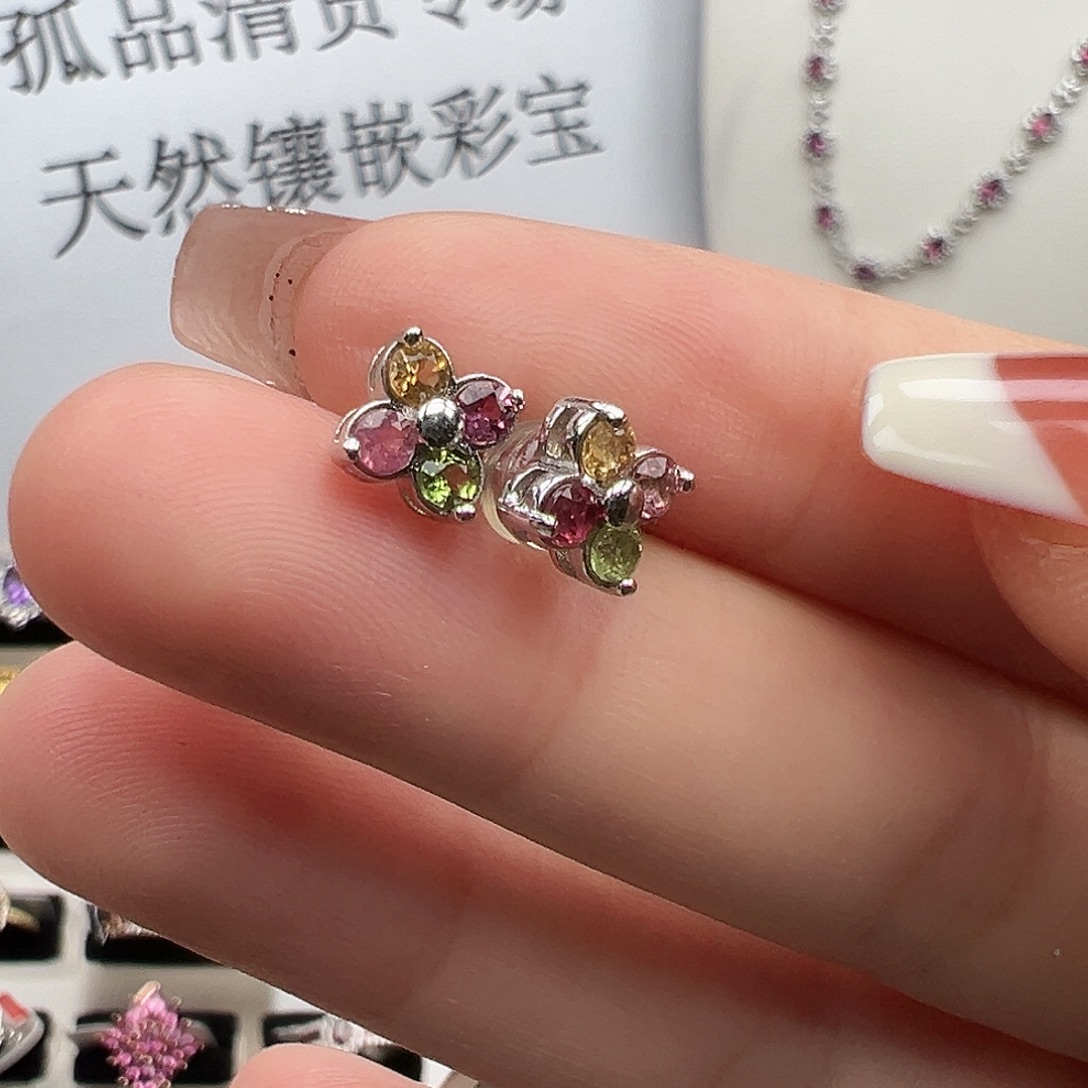 银S925镶嵌耳饰碧玺