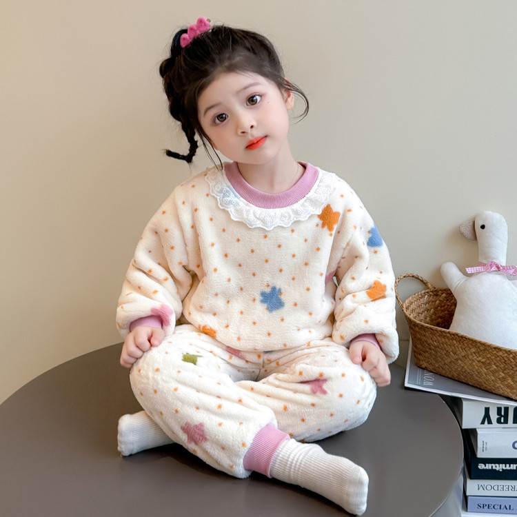 儿童睡衣法兰绒秋冬季女孩宝宝加绒保暖套装珊瑚绒冬款女童家居服