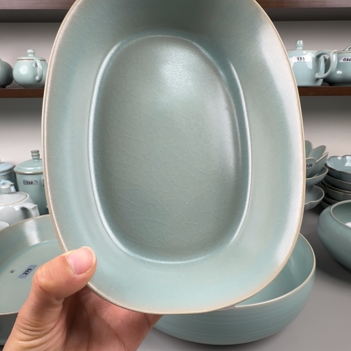 霍***然瓷片汝瓷水仙盆支钉烧仿古釉大瑕288