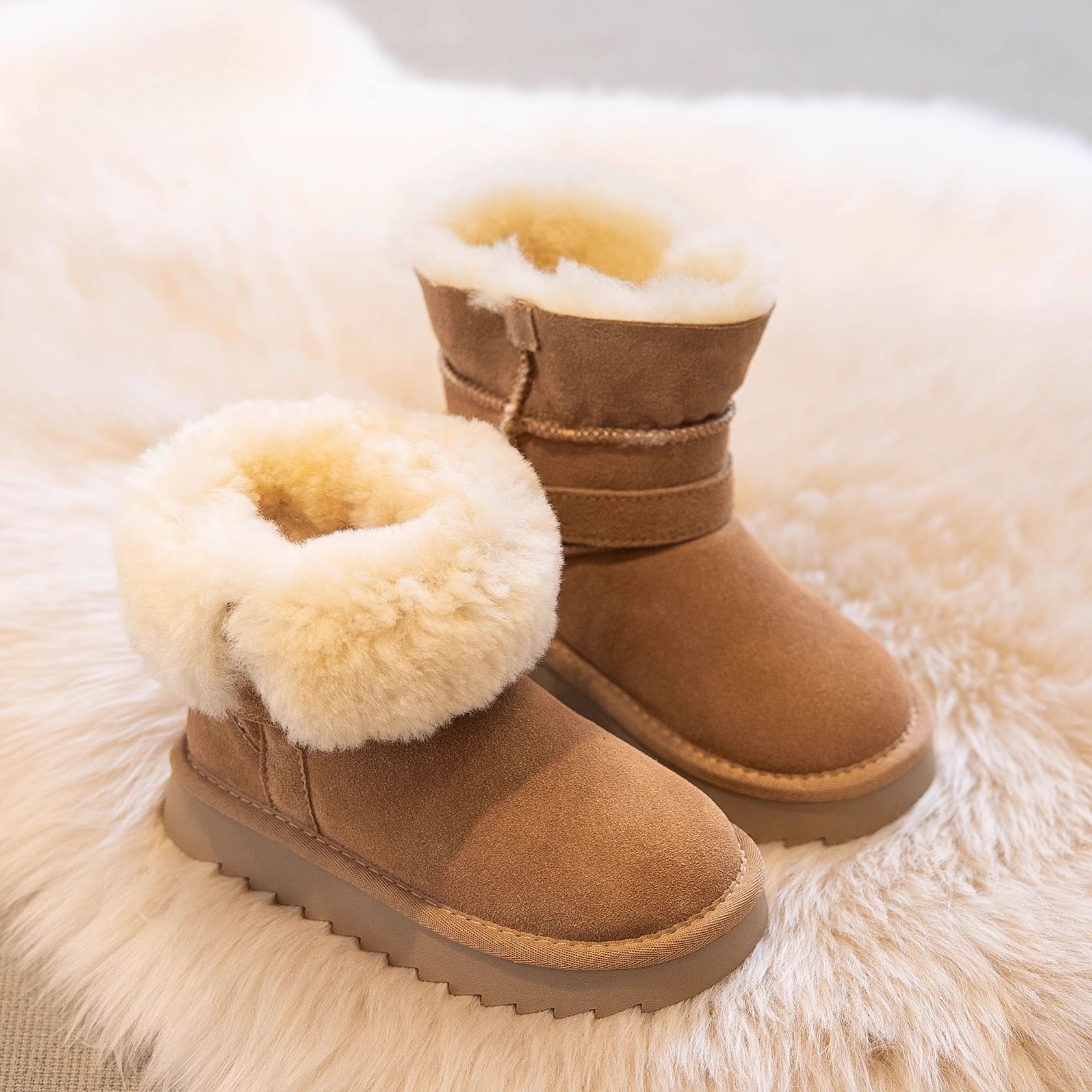 ABC女童雪地靴2025新款冬季大棉鞋儿童中筒加绒加厚靴子皮毛一体