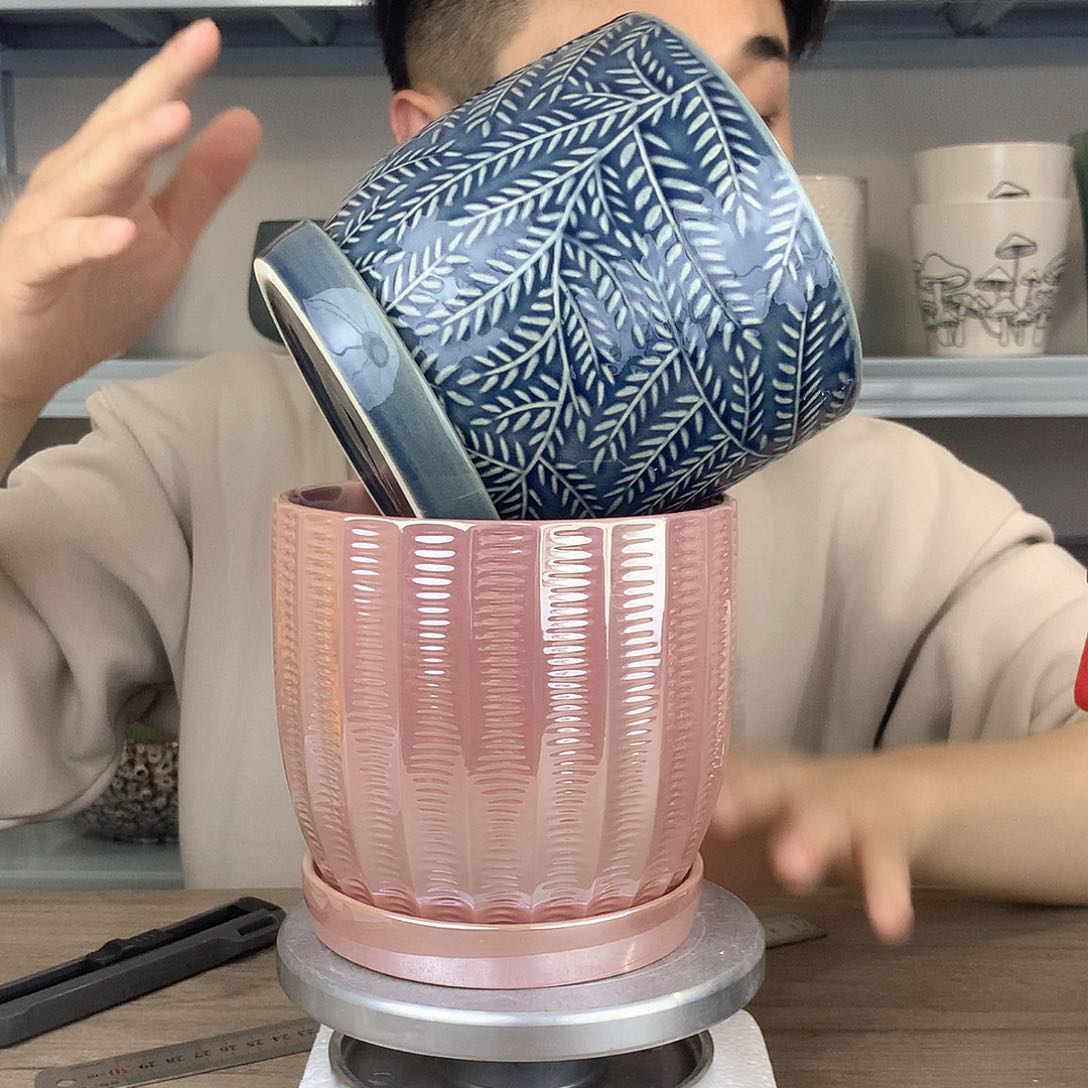 红陶微瑕/电镀粉+树纹图案花盆13x13两个花盆