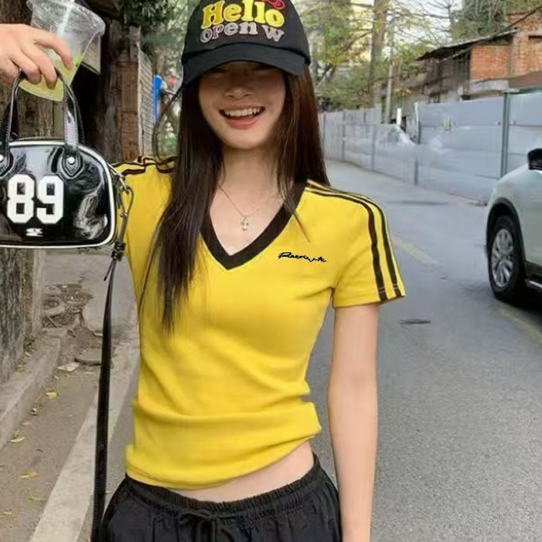 【海南肉丝】9570春款V领修身短袖上衣