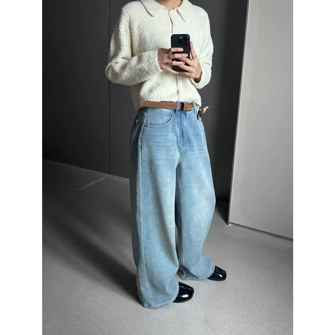 9290加厚植绒窄版阔腿牛仔裤女欧货蓝色名流冬季弹力显瘦直筒裤