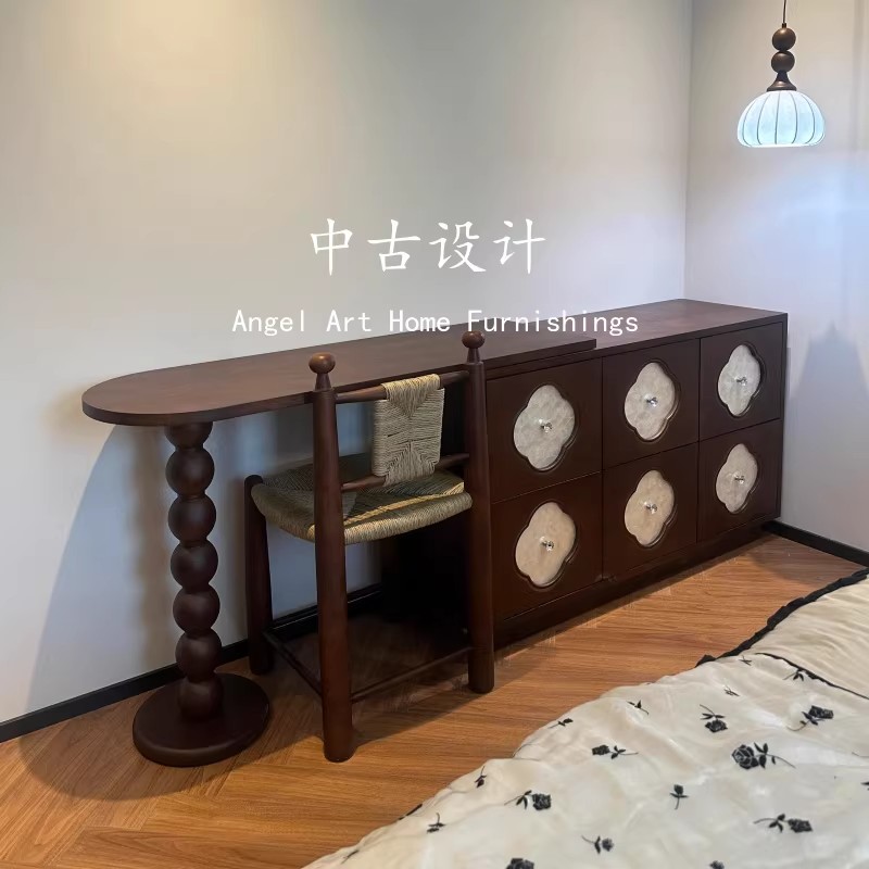 贝壳梳妆台法式复古风实木化妆桌卧室美式中古风床尾收纳斗柜一体