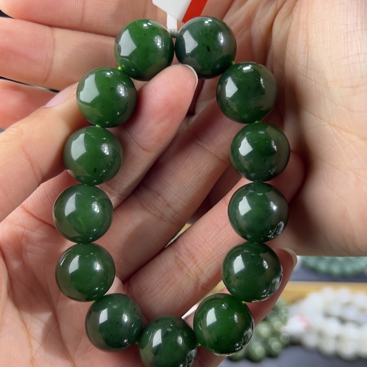 和田玉手串未镶嵌俄罗斯碧玉菠菜绿卡15➕圆珠