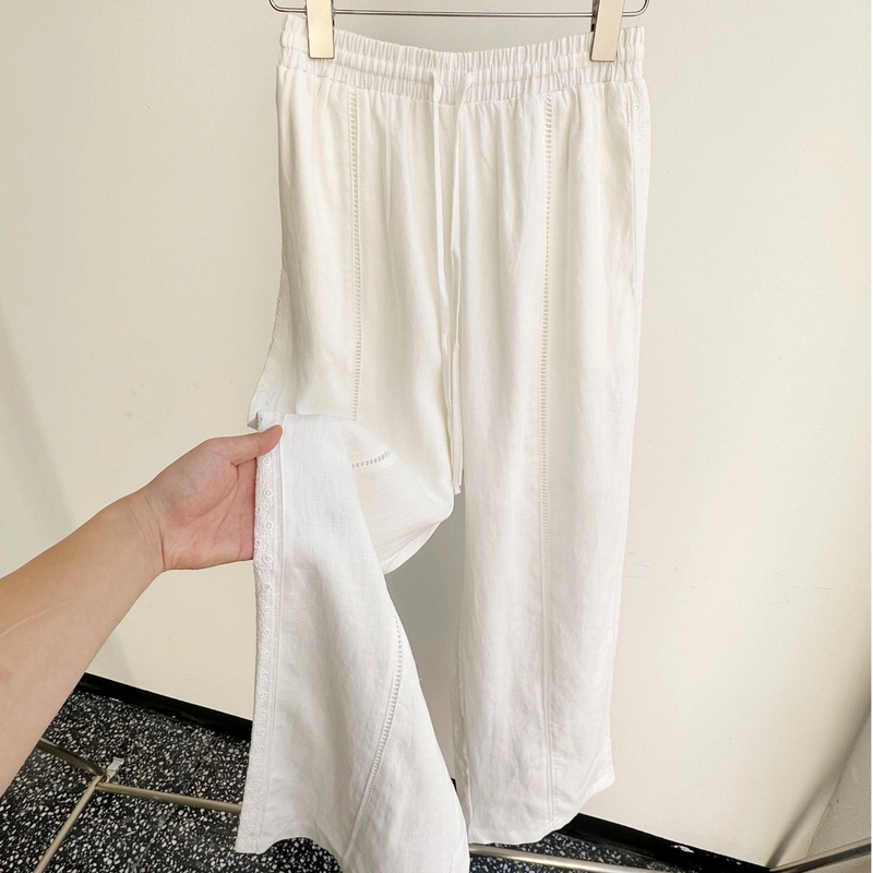 2025颜值与舒适感并人丝+亚麻 女侧镂空刺绣阔腿休闲裤