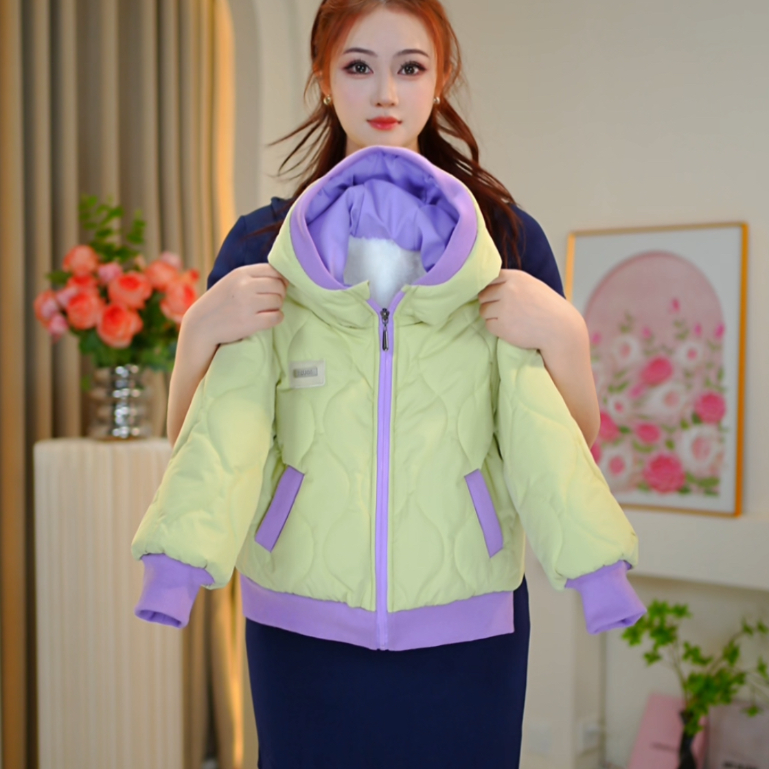 【佳琪妈】极寒系列女童青柠紫糖撞色菱格加毛加棉连帽棉服-7177#
